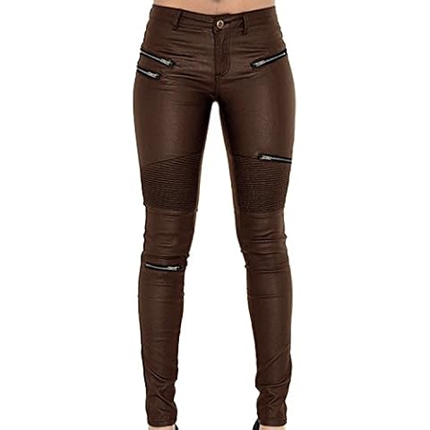 LAEMILIA Faux Leather Pants Rider Leggings PU Sexy Elastic Pant High Waisted Women Butt Lift Super Slim Wet Look Thin Brown Cover