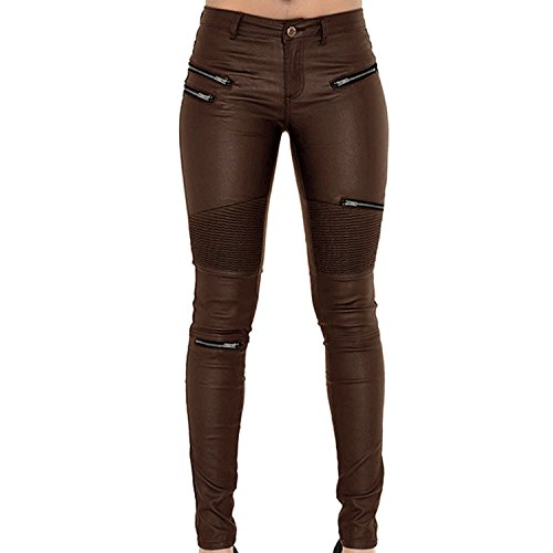 Misscat PU Leather Denim Pants For Women Sexy Tight Stretchy Moto Leggings Black Coffee Red