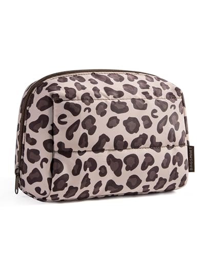 Image of BAGSMART Small Makeup Bag, Puffy Wide-open Zipper Cosmetic Pouch, Leopard | Puffy Padded, Travel Essentials, Make Up Bag, For Women, Makeup Organizer, Toiletries Accessories Brushes