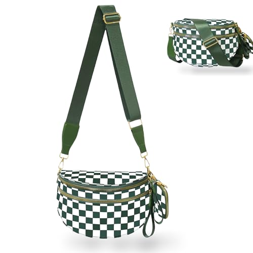Image of Checkered Crossbody Bum Bags for Women, Nylon Sling Bags with Shoulder Strap, Large Capacity Checkered Purse Bag