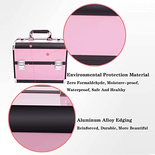 Image of Adson Professional Makeup Box Cosmetics Case Jewelry Organiser Vanity Make Up Storage Box Beauty Train Case Lockable with Keys (Light Pink with Black Corners)