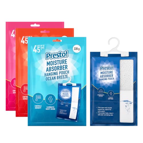 Image of Amazon Brand - Presto! Moisture Absorber Hanging Bag (220g) | Scented | Ocean Breeze, Rose, Citrus | Pack of 3