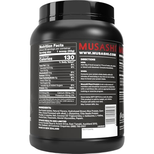 Image of Musashi Plant Protein Powder, Chocolate, 900g (1.98 lb), Pea, Brown Rice and Chia Protein Blend with BCAAs & L-Glutamine, 23g Protein, 130 Calories per Serving