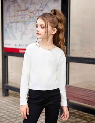 Image of Arshiner Girls Crop Tops Long Sleeve Shirts Drop Shoulder Crewneck Casual Fashion T Shirts Tee
