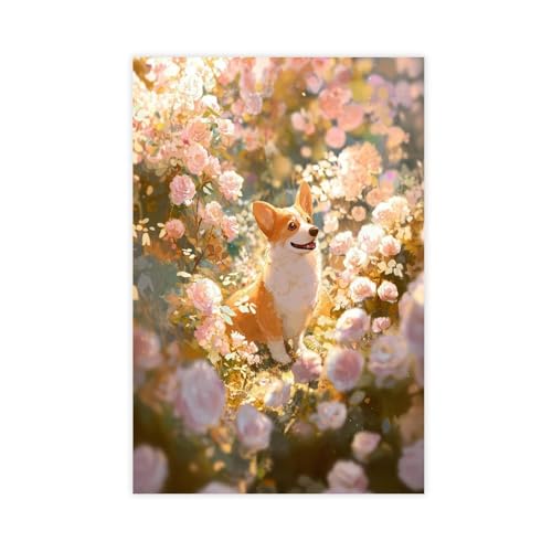Peinture sur toile Corgi Rose Garden de style romantique pour votre salon mignon
