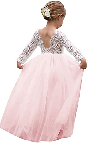 Girl Toddler Full-Length Straight Tulle Tutu Lace Back Party Flower Girl Dress (6-7 Year, Sleeve-Pink)