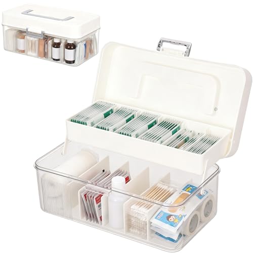 Rainmae 2 Tiers Bandage Organizer with Lid and Adjustable Dividers First Aid Tapes and Bandage Storage Container for Bathroom Medicine Cabinet Home Office USB Cables Medical Elastic Wrap