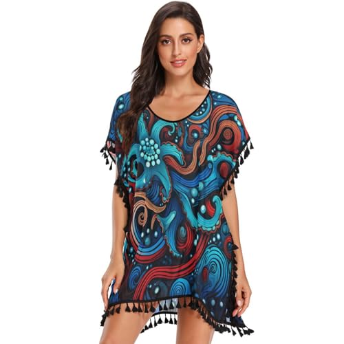 KAAVIYO Dark Octopus Abstract Blue Women's Beach Cover Up Chiffon Tassel Swimwear Swimsuit Coverups for Girl