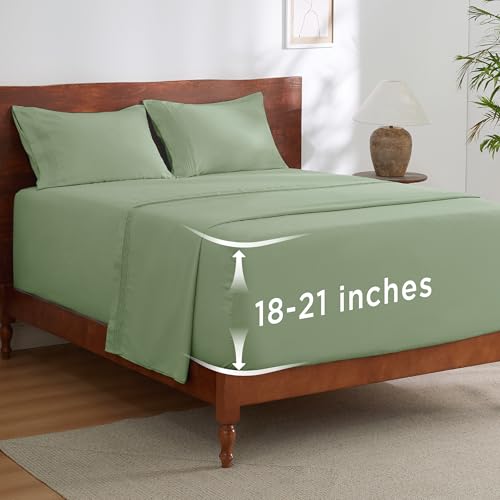 Image of Bedsure Deep Pocket King Sheet Set - Fits Mattresses Up to 21 Inches Thick - 4 Piece GentleSoft Bed Sheets, Moisture Wicking, Soft & Cooling Bedsheet & Pillowcases, Easy & Secure Fit, Light Green