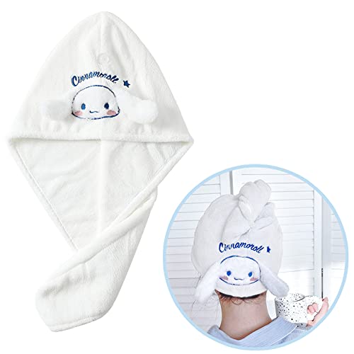 ROFOLO Kawaii - Toalla de microfibra para mujer, gorro de ducha súper absorbente para cabello largo, toalla de secado rápido con botón de bonitas bandas para el cabello para mujeres y niñas,