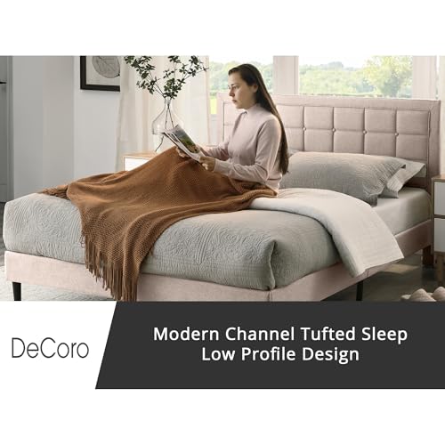 Image of Decoro Mornington Upholstered 2.0 Platform Bed, Button-Tufted Fabric Headboard and Metal Frame with Wood Slat Support, Linen, King