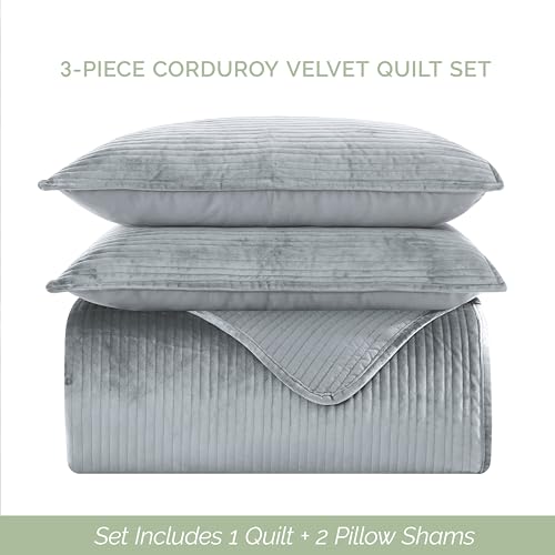 Elegant Comfort Luxury 3-Piece Velvet Corduroy Stripe Quilt Set, Ultra Soft Bedspread - Cozy Velvet Coverlet Set - 3PC Medium Weight Quilted Set with Matching Pillow Shams, Full, Gray