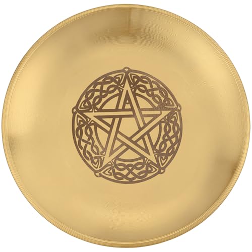 Creatcabin Cuenco De Ofrenda Con Pentagrama Plato Ritual De Altar De Acero Inoxidable Con Cristal Dorado Cuenco Plano Bandeja Redonda De Astrología Portavelas Plato Para Joyería Quemador De 14x14cm