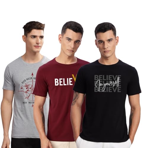 Image of ADRO 100% Cotton Lycra Tshirts for Men Combo Pack of 3 | Regular Fit | Printed T Shirt | Round Neck Half Sleeve| Mens Tshirts