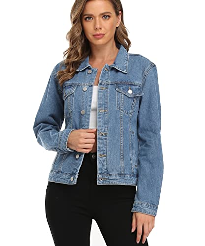 Peiqi Blue Classic Jean Jackets For Women Basic Long Sleeve Button Downs Denim Jackets L #TOP1