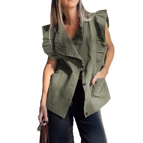 Ruffle Denim Vest Top for Women Cap Sleeve Button Up Long Jean Vest Sleeveless Jacket