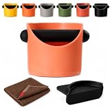 AURALIN Pojemnik na fusy do kawy pomarańczowy, okrągły pojemnik na fusy espresso z odpinanym gumowym uchwytem, silikonowa mata tampingowa i 30 x 30 cm bawełniana ściereczka waflowa, mały