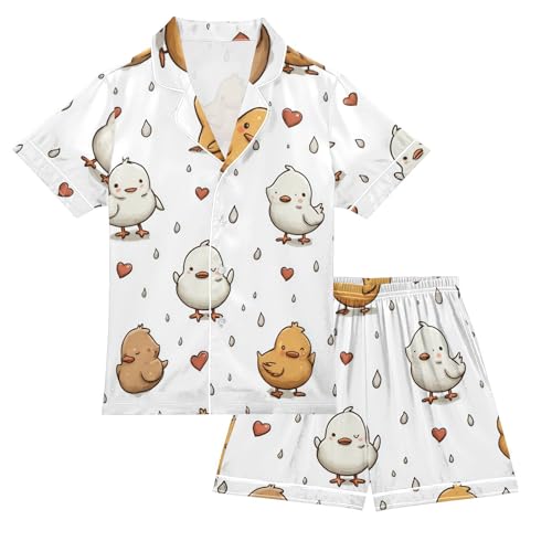 Satin Pajama Sets Short Sleeve Cute Chicks with Hearts Button Down Silky Nightwear 2 Piece PJS 5-14Y