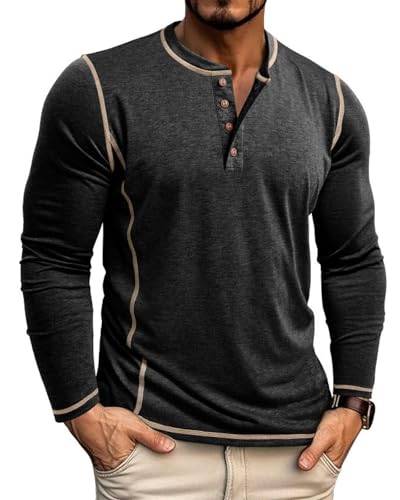 LAOARA T Shirt Manche Longue Homme Tee-Shirt Long Coton Henley T-Shirts Col Roulé Casual Tshirt Noir L