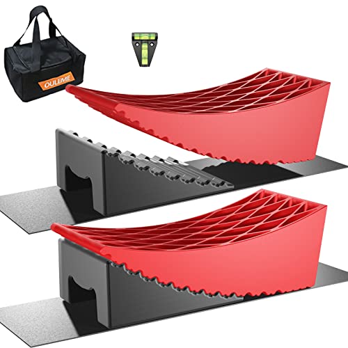 OULEME RV Leveling Blocks, Camper Leveler, 2 Packs for Dual Axle Tandem Wheel Travel Trailer Motorhome, Include 2 Curved Leveler Ramp, 2 Chock, 2 Rubber Mat, 1 T Bubble Level, 1 Storage Bag by OULEME - Used condition - US$26.33