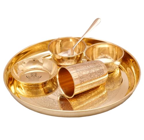 Image of 6 Piece Pure Brass Dinner Set with 12 Inch Thali 1 Glass 2 Bowls 1 Sweet Dish 1 Spoon Gold Finish for Dining, Pooja and Gifting