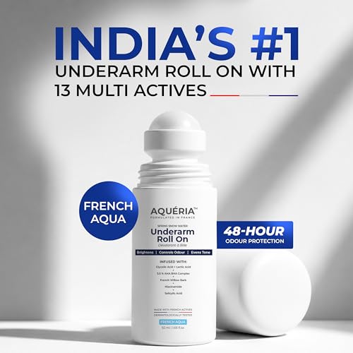 Image of Aqueria 5.5% AHA BHA French Underarm Brightening Roll On | 48H Odour Control | Aqua Fragrance with 2% Niacinamide | Multi Actives, Glycolic Acid, Lactic Acid | Prevents Odor, Kills Bacteria | Exfoliates, Reduces Pigmentation & Discoloration for Even-Toned Underarms | Brightens Skin & Exfoliates Underarm | Alcohol & Aluminium Free | Deodorant for Men & Women | 50ml