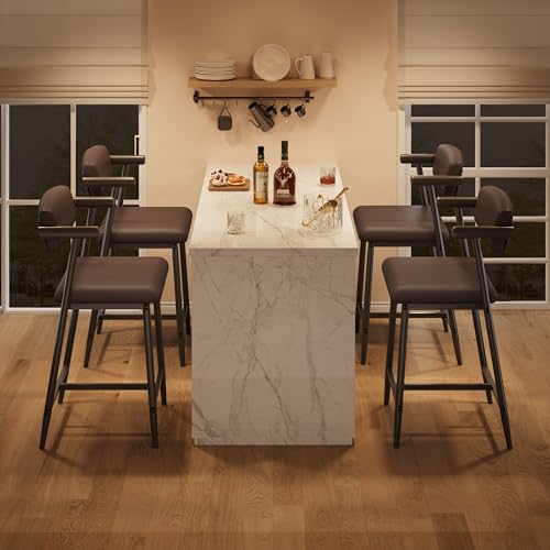 Image of GarveeHome Bar Stools Set of 6 with Arms, 26 inch Modern 6-Piece Counter Height Metal Barstools Set with Back & Footrest, Upholstered Wider Seat, Sturdy Frame, for Counter Bar, Kitchen Island, Retro Brown