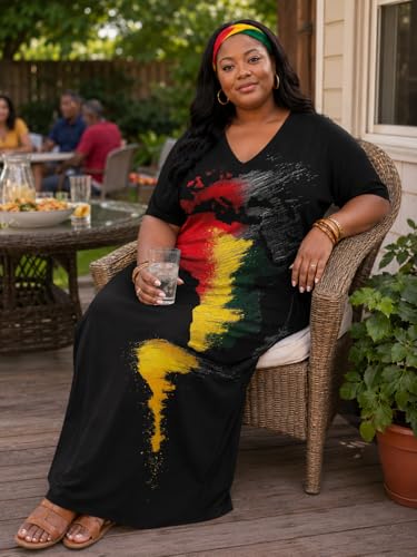 Image of Plus Size Maxi Dress for Women Short Sleeve V Neck Casual Loose Sundress with Pockets