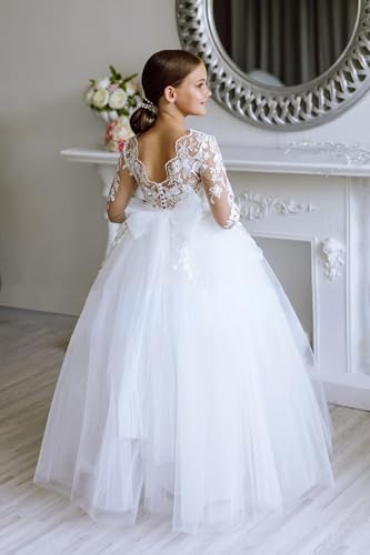 Lace Tulle Flower Girl Dress for Wedding Kids Applique Long Sleeve Pageant Dress Bowknot Princess Prom Ball Gowns2