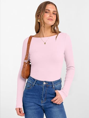 Image of ANRABESS Women's Boat Neck Long Sleeve Shirts Rib Knit Slim Fitting Tops Basic Tees 2026 Casual Comfy Fall Outfits Clothes