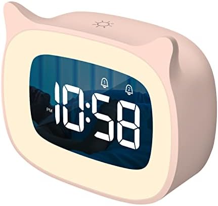 SMOUPING Kids Alarm Clock with Night Light Stepless Dimming,Cute Cat Ear Digital Clock for Boys and Girls,5 Minute Alarm,Ok to Wake Up Children(Pink)