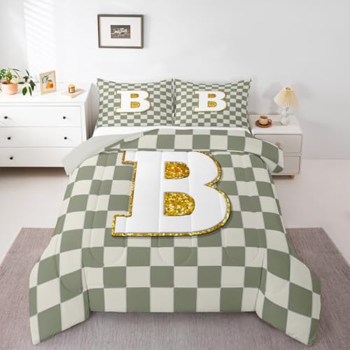 Image of Erosebridal Sage Green Checkered Bedding Set Twin Plaid Initial B Comforter Set for Kids Adults Personalized Monogram Down Comforter,Fashion Grids Gingham Quilt Duvet