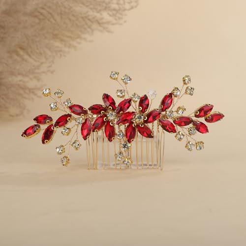 Teyglen Flower Crystal Wedding Hair Comb Handmade Red Rhinestone Hair Piece for Bride Wedding Hair Accessories Headpiece for Women Party Prom (Red)