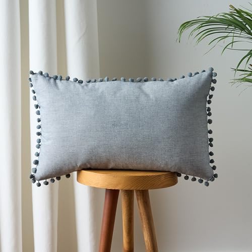Image of 100% Cotton Pom Pom Cushion with Filler, Elegant & Modern Cushion Cover for Living Room, Rectangle, 12 inchx20 inch, uni Chambray, Set of 5 - Denim Grey
