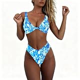 geluboao Women's Triangle Bikini Blue Floral Triangle Bikini Set Two Piece High Waisted Swimsuit Bathing Suits XL