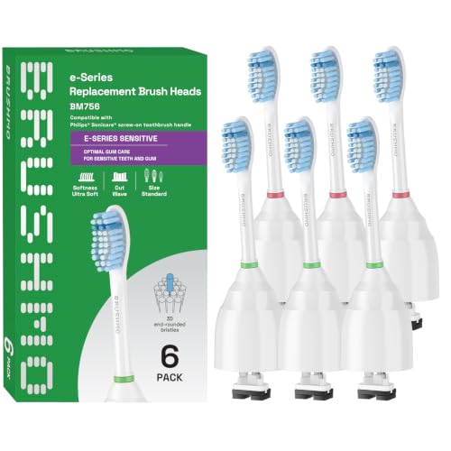 Image of Brushmo e-Series Sensitive Replacement Toothbrush Heads, Compatible with Philips Sonicare Screw-on Electric Toothbrush Handles, 6 Standard Replacement Heads, Ultra Soft Dupont Bristles, BM756, White