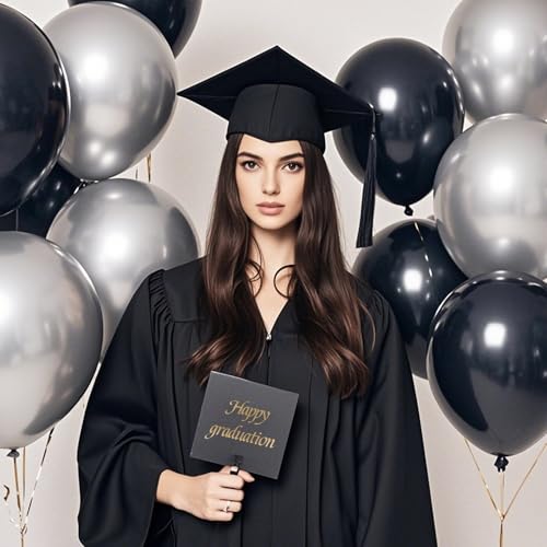 Image of 100pcs Black and Silver Balloons 12 Inch Metallic Silver and Black latex Party Balloons for Birthday Graduation Engagement New Year's Eve Party Decorations