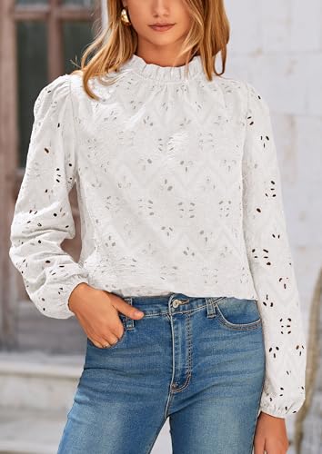 PRETTYGARDEN Tops for Women Trendy 2025 Fall Long Sleeve Blouses Dressy Casual Embroidered Eyelet Shirts Going Out Outfits3