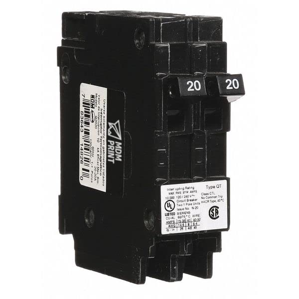 Miniature Circuit Breaker, 20/20 A, 120V AC, 1 Pole, Plug in Mounting Style