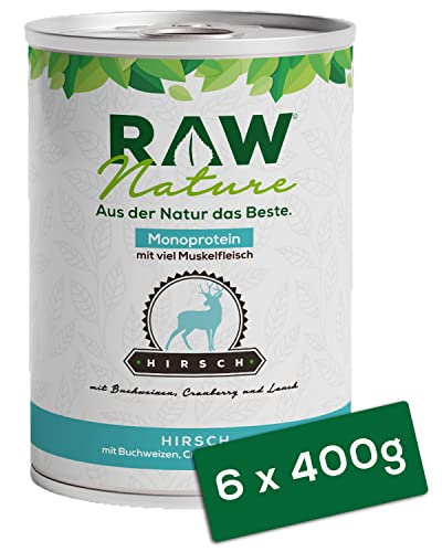 RAW Nature - Hirsch Pur 6x400g - Mit Buchweizen und Cranberries - Nassfutter für Hunde - Hoher Fleischanteil - Monoprotein - Alleinfuttermittel - Getreidefreies Hundefutter