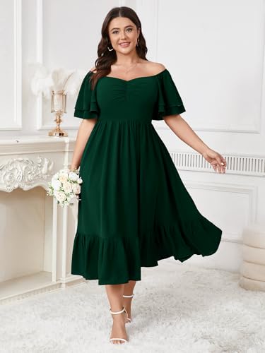 Image of SCOMCHIC Womens Plus Size Wedding Guest Cocktail Dresses Sweetheart Neckline Short Sleeve Smocked Ruffle Slit Maxi Dress