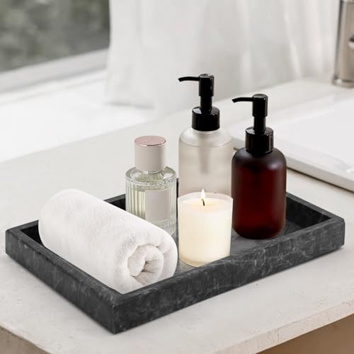 Image of Marble Bathroom Tray,Pure Natural Vanity Tray,Marble Trays for Kitchen Counter Non-Ceramic /Non-Resin,Stone Tray 12 x 8 inch (Black)