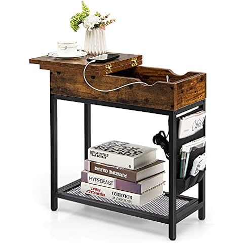 COSTWAY Sofa Side Table with Charging Station Cover