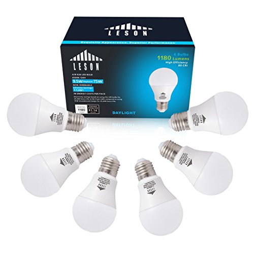 Leson A19 LED Light Bulb Standard E26/E27 Base 9W Energy Saving, Equivalent to 75 Watt Incandescent Bulbs, 1125lm Daylight Cool White 6500k (6 Pack)