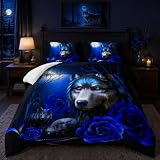 Tuzaovy Wolf Bedding Set King Size,Blue Rose King Size Comforter Set,King Size Wolf Comforter Bed Set,King Quilt Bedding Set Rose,Wolf Bedding Set King Size Animal Print Comforter Set
