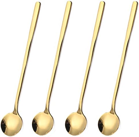 Stainless Steel Coffee Spoons, 6.7 Inch Stirring Spoons, Cocktail Stirring Spoons for Coffee Tea Dessert Cake Ice Cream Cappuccino(Round-Gold-4Pack)