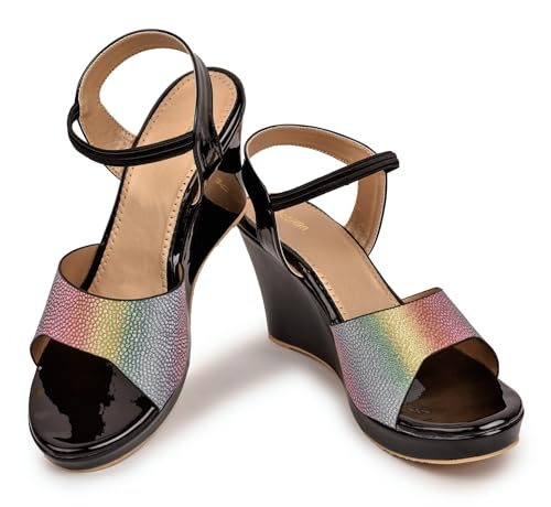 Image of Action Women's Platform Stiletto Sandals|with Rainbow Print| Heel| Ankle Strap| Open Toe Design Black