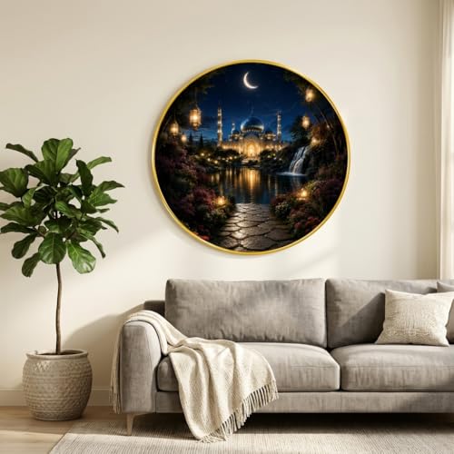 Image of SAF Islamic Mosque Night View Round Wall Painting with Premium PVC Golden Frame, Crescent Moon Garden Waterfall Art, Muslim Home Decor for Living Room Prayer Room (23 x 23 Inch) GR-427