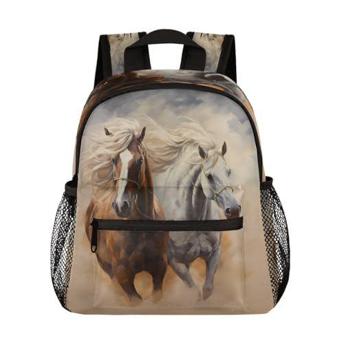 Running Horse Print Toddler Backpack for Boys Girls, Lightweight Waterproof Kids Backpack 12 Inch with Chest Strap, Casual Daypack Kindergarten Preschool Daycare Bag
