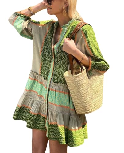 CHARTOU Summer Casual Short Dress for Women 3/4 Sleeve Green Floral Boho Tunic Shirt Dress